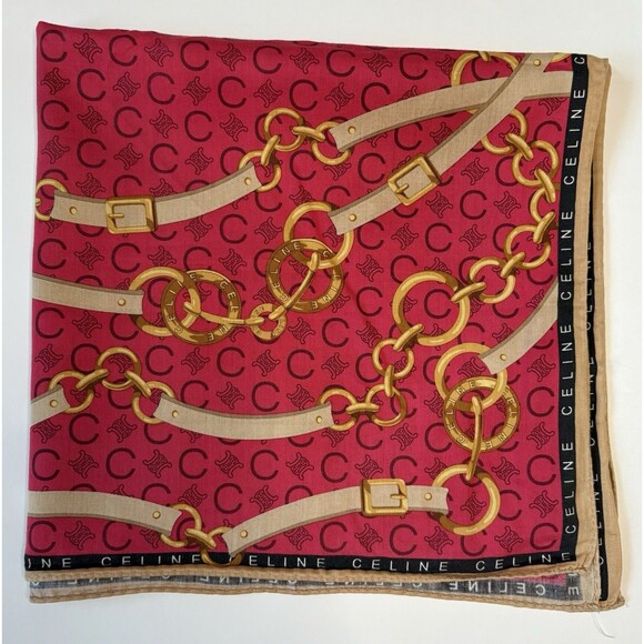 Celine Scarf Red w/ Macadam Monogram Pattern Gold Chains and Belts Vintage - Picture 1 of 8